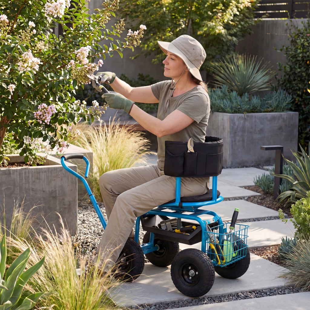 Sedile da giardino con cuscino imbottito schienale avvolgente e vassoio porta attrezzi, Sgabello per giardinaggio girevole a 360¡ã Blu