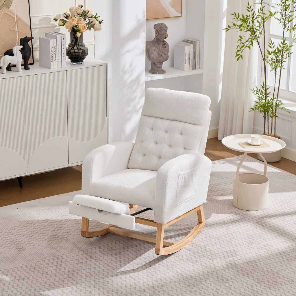 Sedia a dondolo 65.6x123x102 cm con poggiapiedi estraibile e tasche laterali in bouclé; legno; bianco