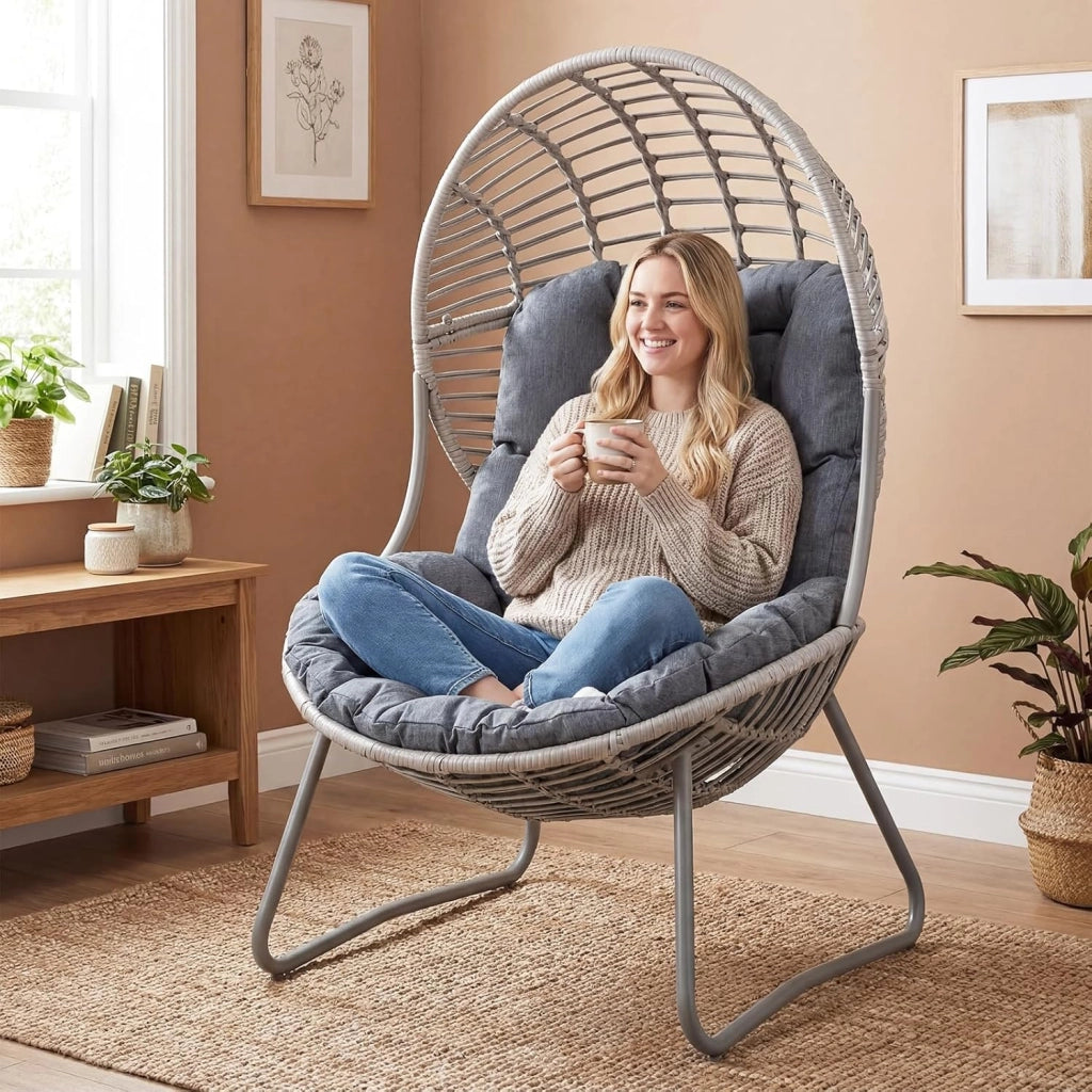 Poltrona da Giardino in PE Rattan, Sedia Relax a Nido con Cuscino Imbottito, Sedile Ampio e Telaio in Metallo, Poltrona per Lettura, Lounge e Riposo, per Esterno e Interno, Max 150 kg, Grigio