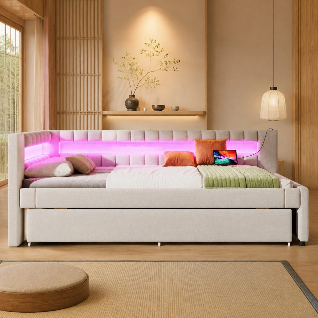 Letto imbottito multifunzione 90x200 cm con LED, USB e letto estraibile