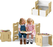 Set Tavolo e Sedia per Bambini, Set 3 Pezzi per Bambini con 2 Sgabelli e Tavolo Attività, Angoli Arrotondati e Maniglia, Mobili Multifunzionali per Casa, Scuola e Asilo (Naturale)