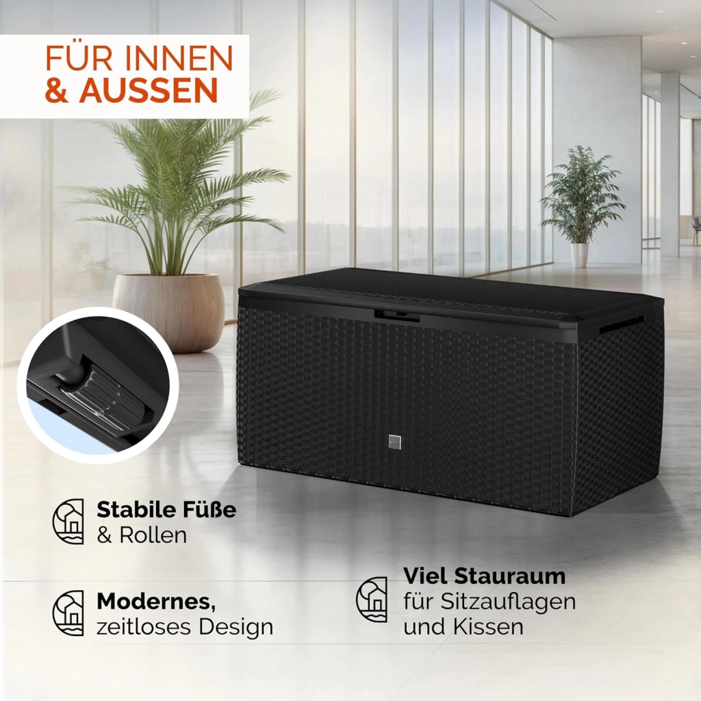 ® Baule da Giardino 117x47x60cm Aspetto Polyrattan 290L Box Multiuso Multibox Cuscini 6 Ruote Coperchio Esterno