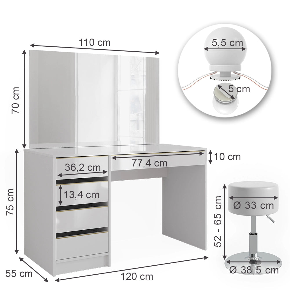 Vicco Tavolino da toilette Bianco/Oro 55 cm con illuminazione a LED e sgabello