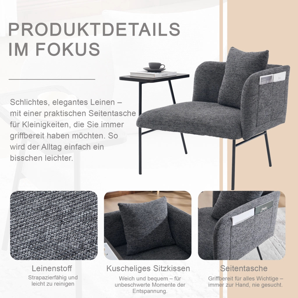 poltrona con tavolino laterale; tasche laterali; ciniglia grigio scuro 86 Ã— 72 Ã— 71 cm