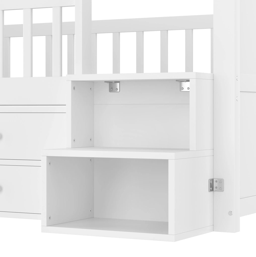 Letto a soppalco 90x200 cm con LED e spazio portaoggetti in legno bianco