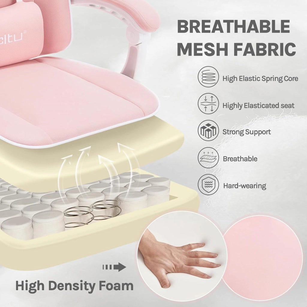 Sedia Gaming, Ampia Sedia da Ufficio Ergonomica Imbottita con Cuscino a Molla, Alta Capacità di Carico, Poltrona per Computer con Schienale Alto e Poggiapiedi, Tessuto a rete, Rosa, GS16rs