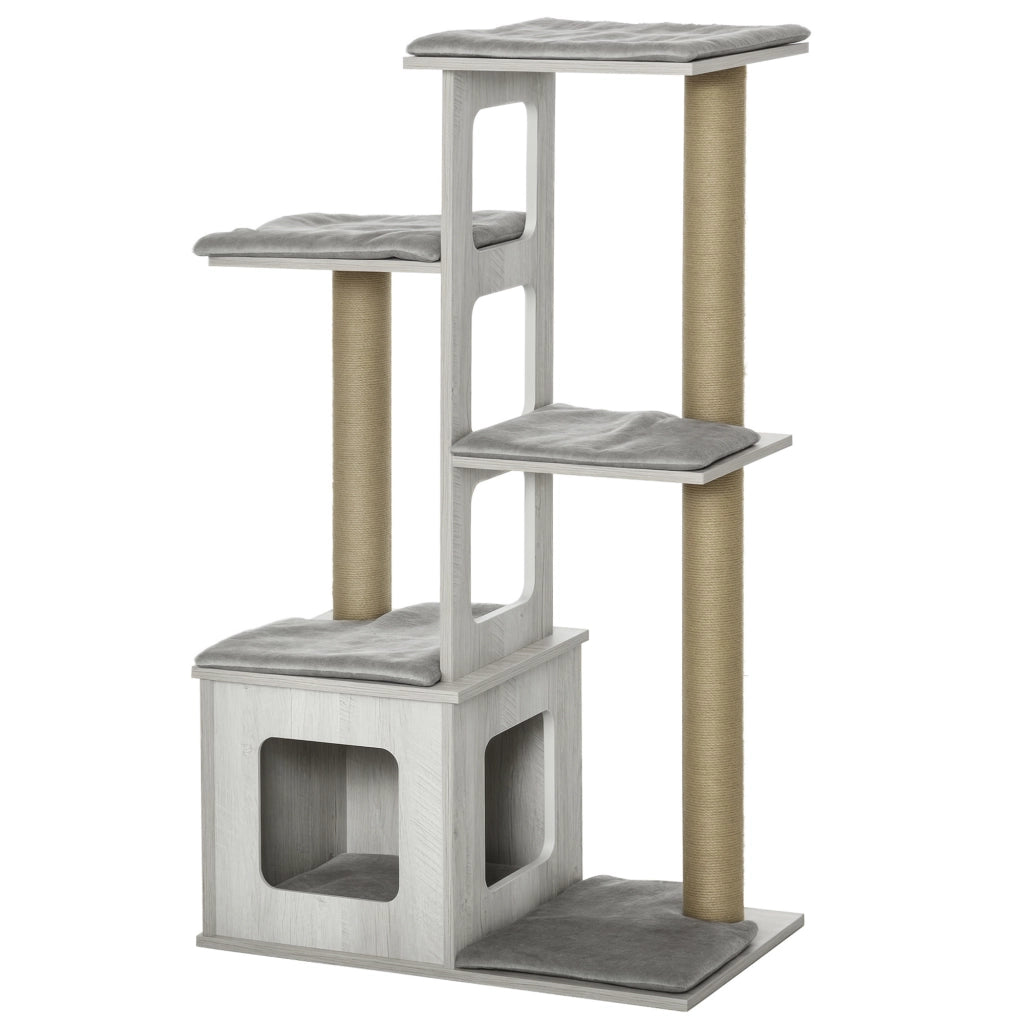 Albero Tiragraffi per Gatti Multi-livello con Cuccia e Corde in Iuta, 67x38.5x114 cm, Grigio
