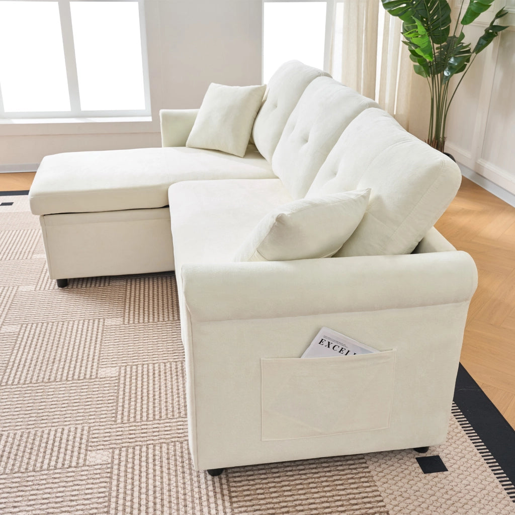 Divano angolare con letto chaise longue reversibile in chenille beige con vano contenitore 85 × 206 × 130 cm