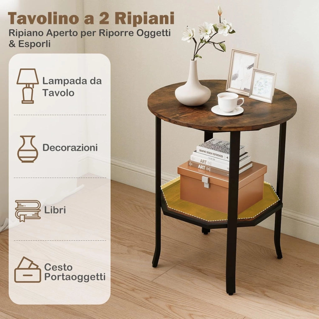Tavolino Laterale Rotondo a 2 Livelli, Tavolino da Salotto Industriale con Ripiano di Stoccaggio, Struttura in Metallo, Comodino Moderno per Soggiorno e Ufficio, 50 x 50 x 61 cm (Marrone)