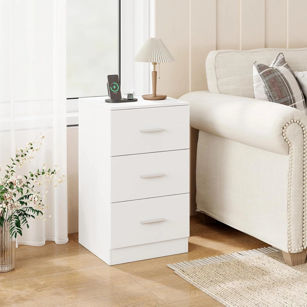 Comodino Camera da Letto 37 x 34 x 66,5cm, Cassettiera in Legno Moderno con 3 Cassetti, Mobile Salvaspazio per Soggiorno, Ufficio e Camerretta (2,Bianco)