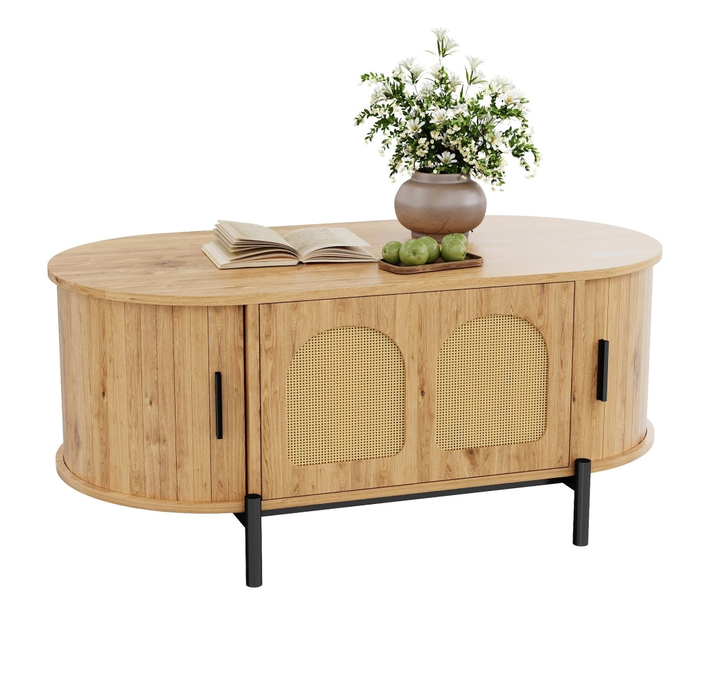 Tavolino da salotto ovale 100x50x40 cm con ante scorrevoli e vano contenitore; MDF naturale