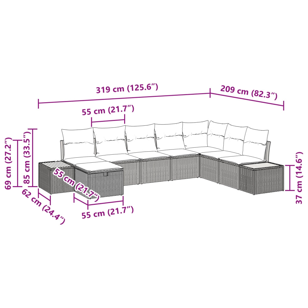Set Divano da Giardino 8 Pezzi con Cuscini Beige Polyrattan