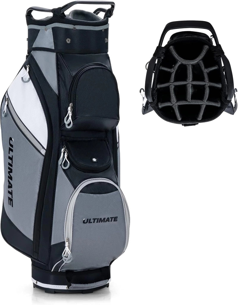 Borsa da Golf con 14 Divisori, Sacca per Mazze da Golf con Borsa Termica, Cappuccio Impermeabile, Maniglie e Tracolla, Ideale per Uomini e Donne, Nero e Grigio