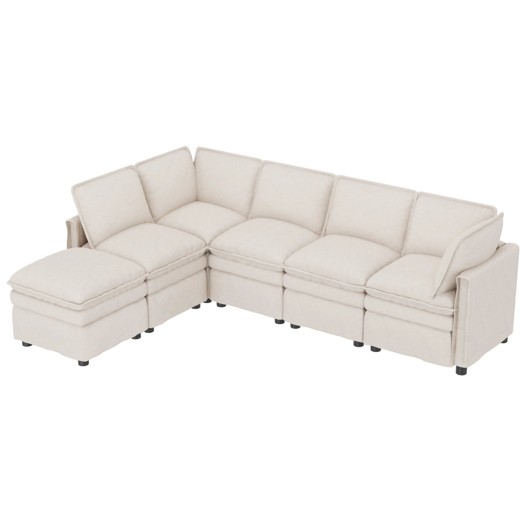 Divano modulare XXL 6 posti con funzione letto e pouf mobile in chenille beige