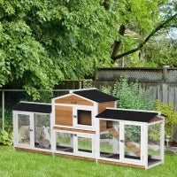 Gabbia per Piccoli Animali con Recinto Esterno Rampa Tetto in Asfalto Legno Abete Nero + Bianco + Naturale