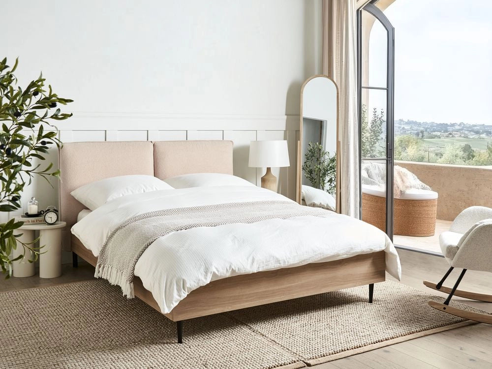 Letto matrimoniale con rete in tessuto bouclè beige 140 x 200 cm stile moderno camera da letto