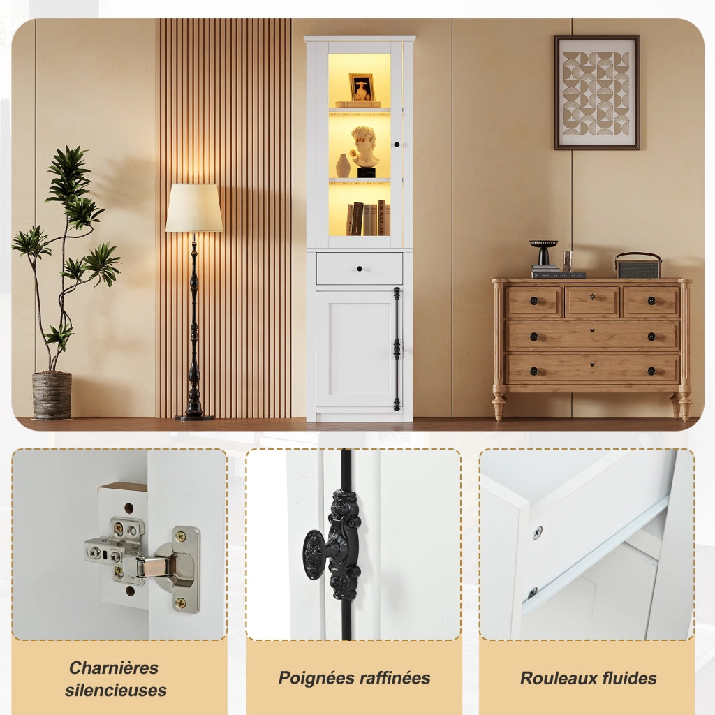 Vetrina alta con LED, 2 ante e 1 cassetto, 5 ripiani e vani contenitore, per soggiorno, in truciolato bianco 55 × 40 × 200 cm
