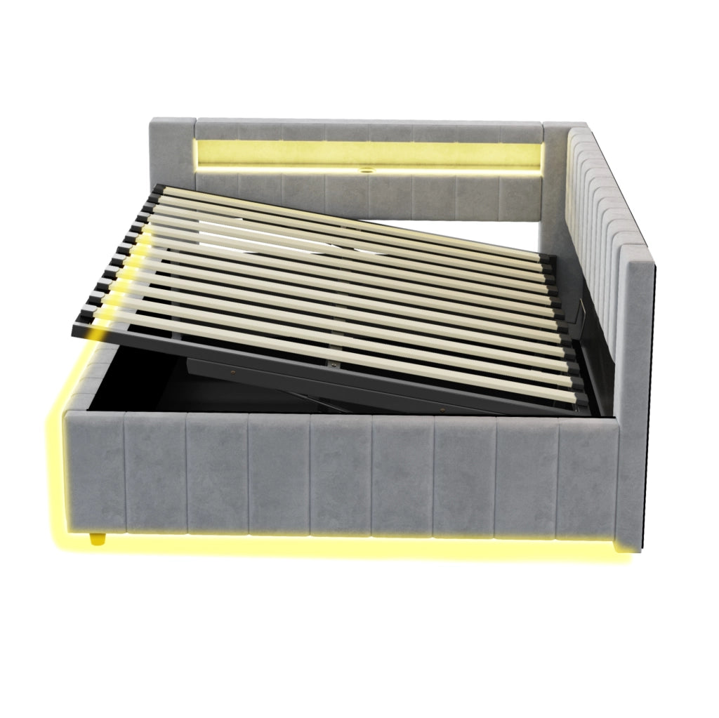 Letto imbottito 140x200 cm con contenitore idraulico; LED e USB; velluto grigio (Senza materasso)