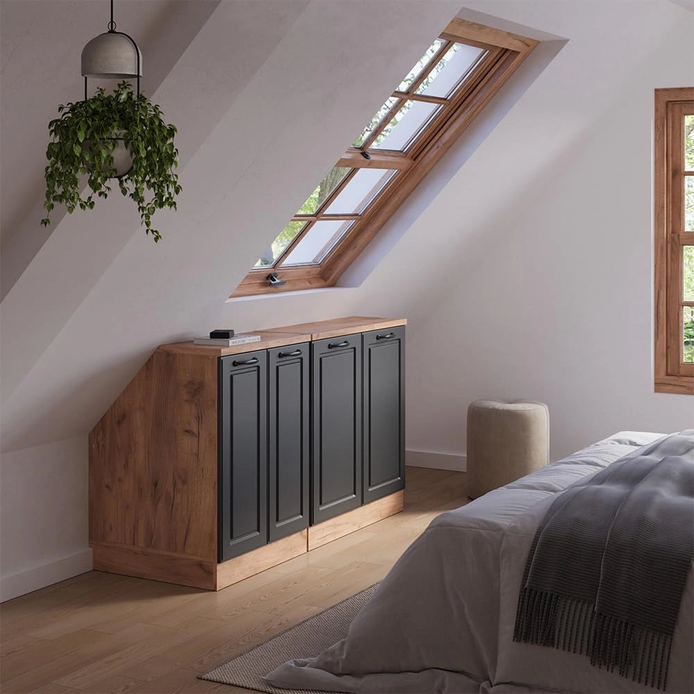 Set di mobili sottotetto Rion, Antracite casa di campagna, 140 cm Set di 2 carcasse armadio profondità 60 cm, adatto per il salvaspazio sotto tetti spioventi