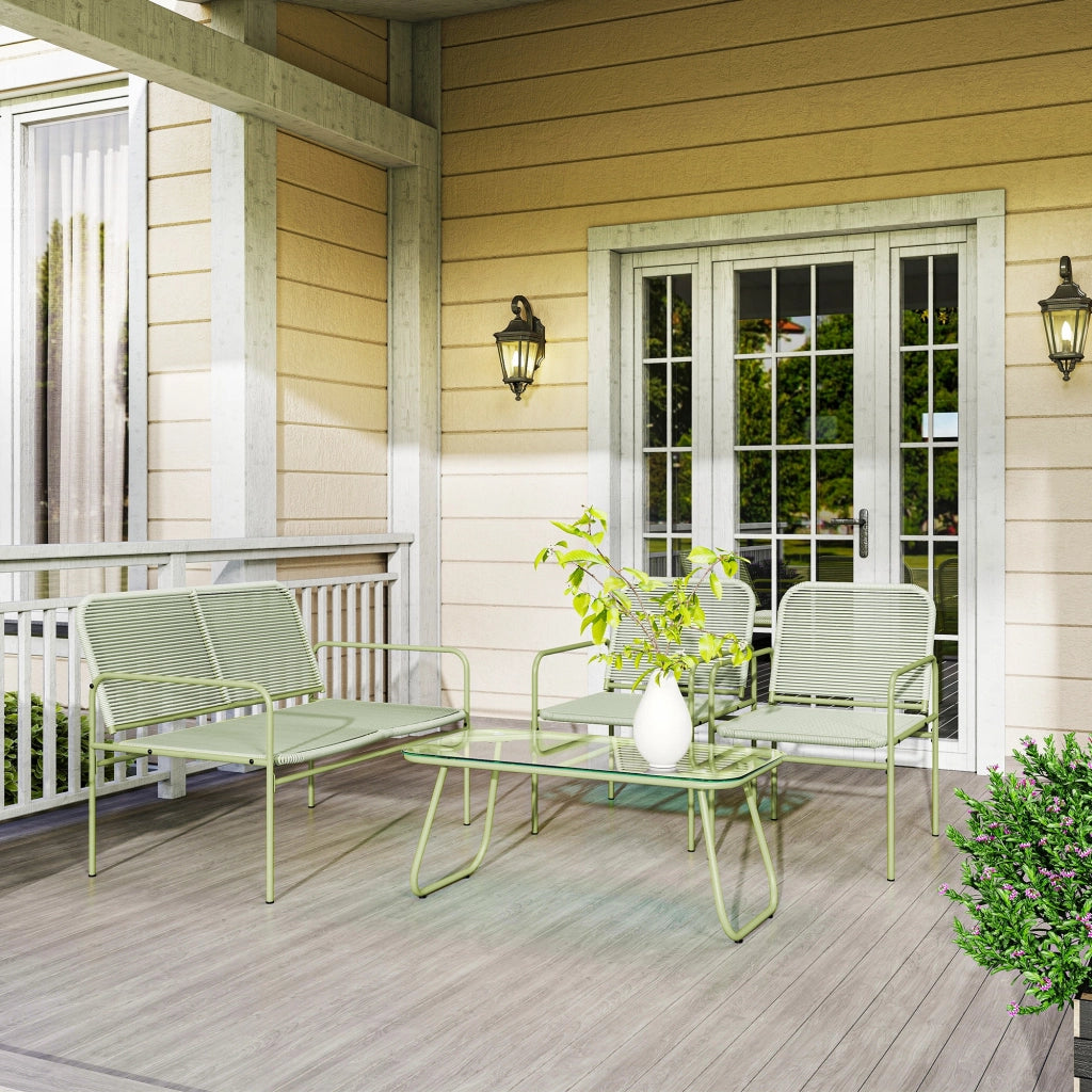 Set Salotto da Giardino con Divanetto Poltrone e Tavolino con Piano in Vetro in Rattan PE Verde