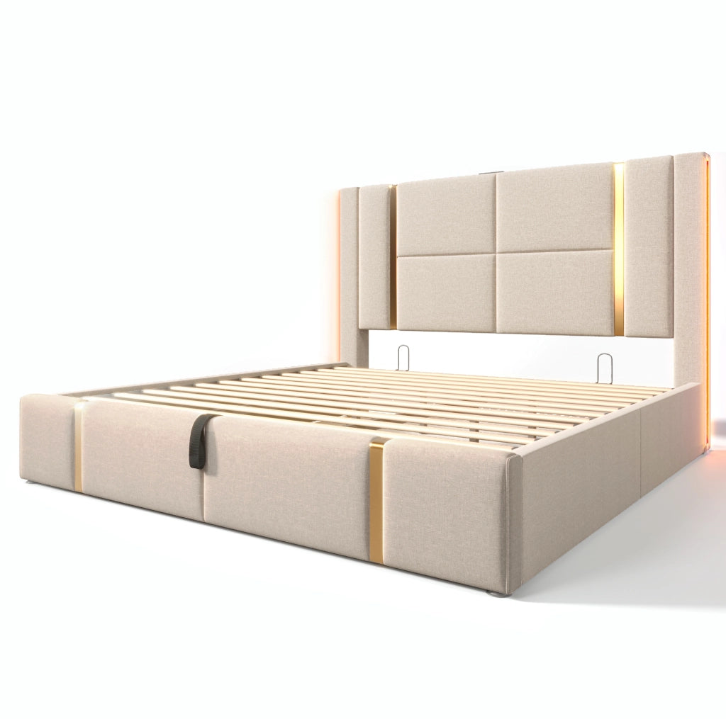 Letto matrimoniale imbottito 160x200 cm beige in lino con LED RGB; USB e USB-C; contenitore