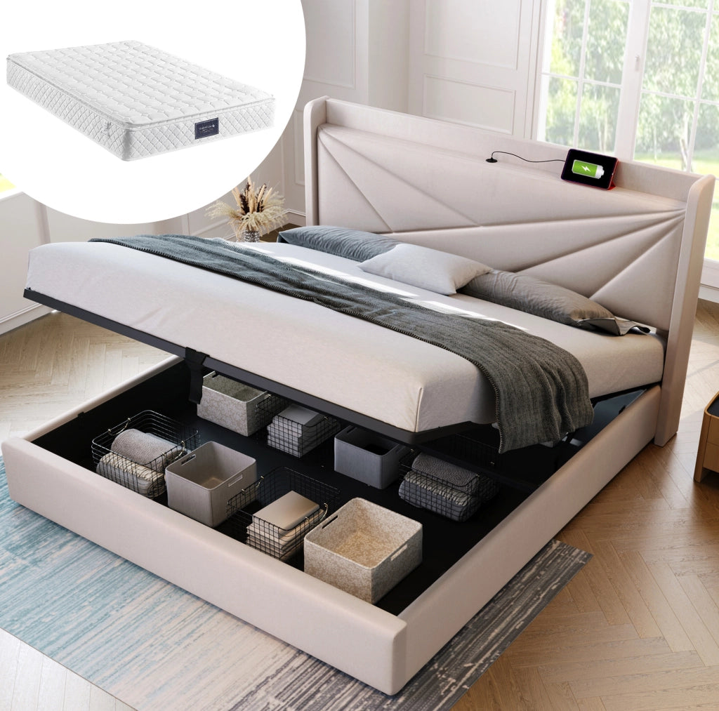 Letto matrimoniale contenitore 140x200 cm con USB e Type-C; beige in cotone lino