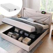 Letto matrimoniale contenitore 140x200 cm con USB e Type-C; beige in cotone lino