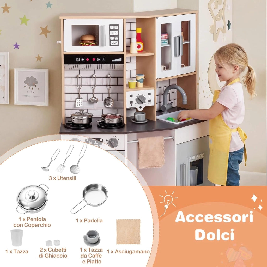 Cucina Giocattolo per Bambini, Cucinetta in Legno con Suoni e Luci, Fornello, Lavandino, Macchina del Caffè, Gioco Cucina di Ruolo per Bambini 3+ Anni (Grigio)