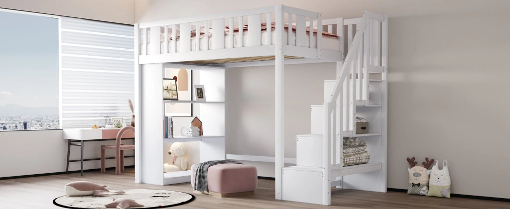 DESMIU Letto a soppalco letto singolo 1 posto con scala contenitore e 3 ripiani, 90 × 200 cm, senza materasso