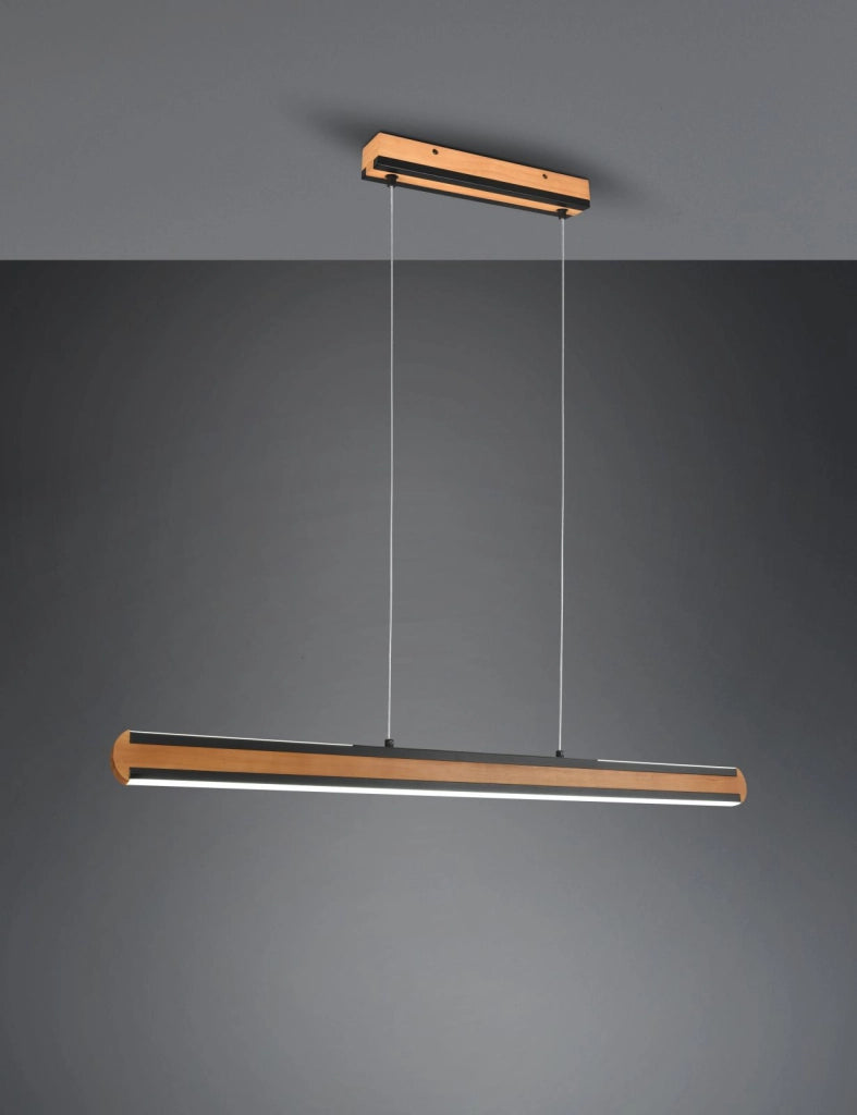 DEACON SOSPENSIONE LED  42W 5000lm, 2700+4000+6500K BI-EMISSIONE METALLO NERO E INSERTO LEGNO NATURALE DIMMERABILE CON FUNZIONE TOUCH L. 110CM
