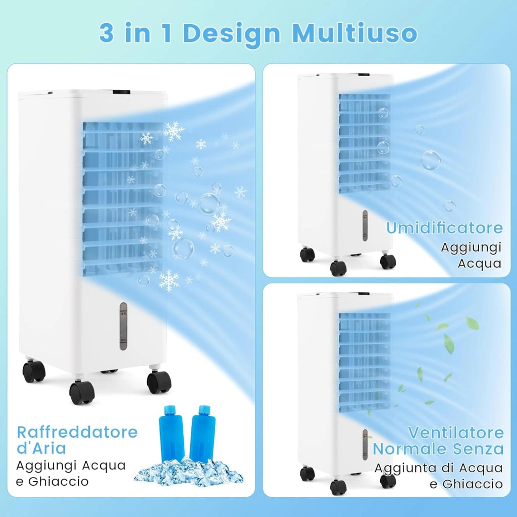 Condizionatore Portatile 3 in 1, Condizionatore d'aria Evaporativo portatile con Raffreddamento, Ventola e Umidificazione, 3 Velocità del Vento, 12H Timer, Doppio Serbatoio d'acqua(Bianco)