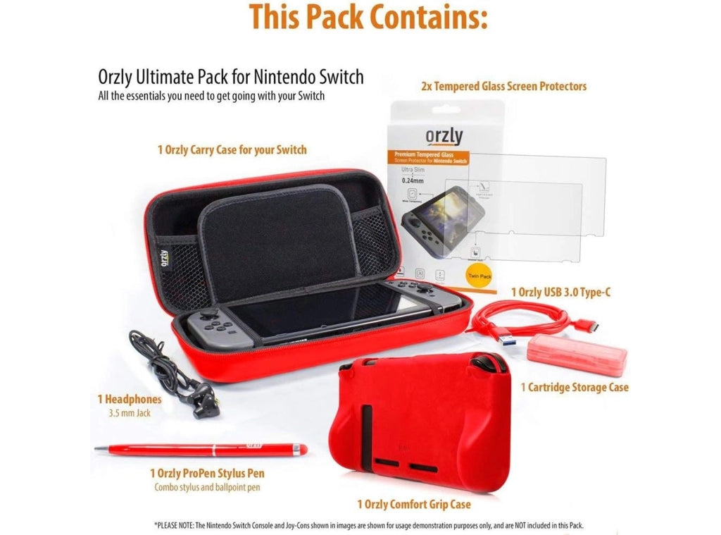 Borsa Trasporto Accessori per Nintendo Switch Case 2 Vetri Temperati Grip Case Porta Cavo USB Cartucce Cuffie Penna Essential Pack Colore ROSSO