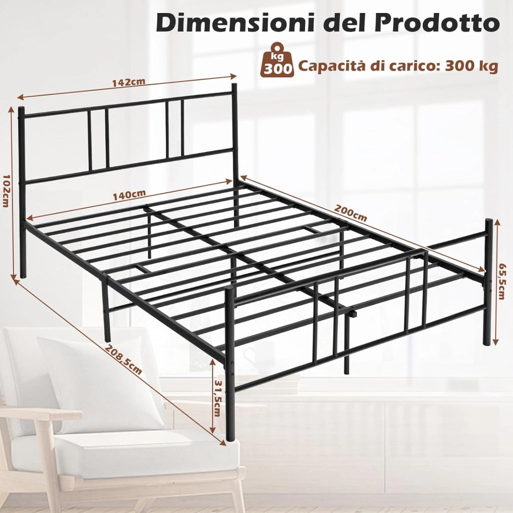 Telaio da Letto in Metallo, Struttura Moderna con Testiera e Pediera, Piattaforma con Doghe in Acciaio, Carico Massimo 300kg (200cm x 140cm)