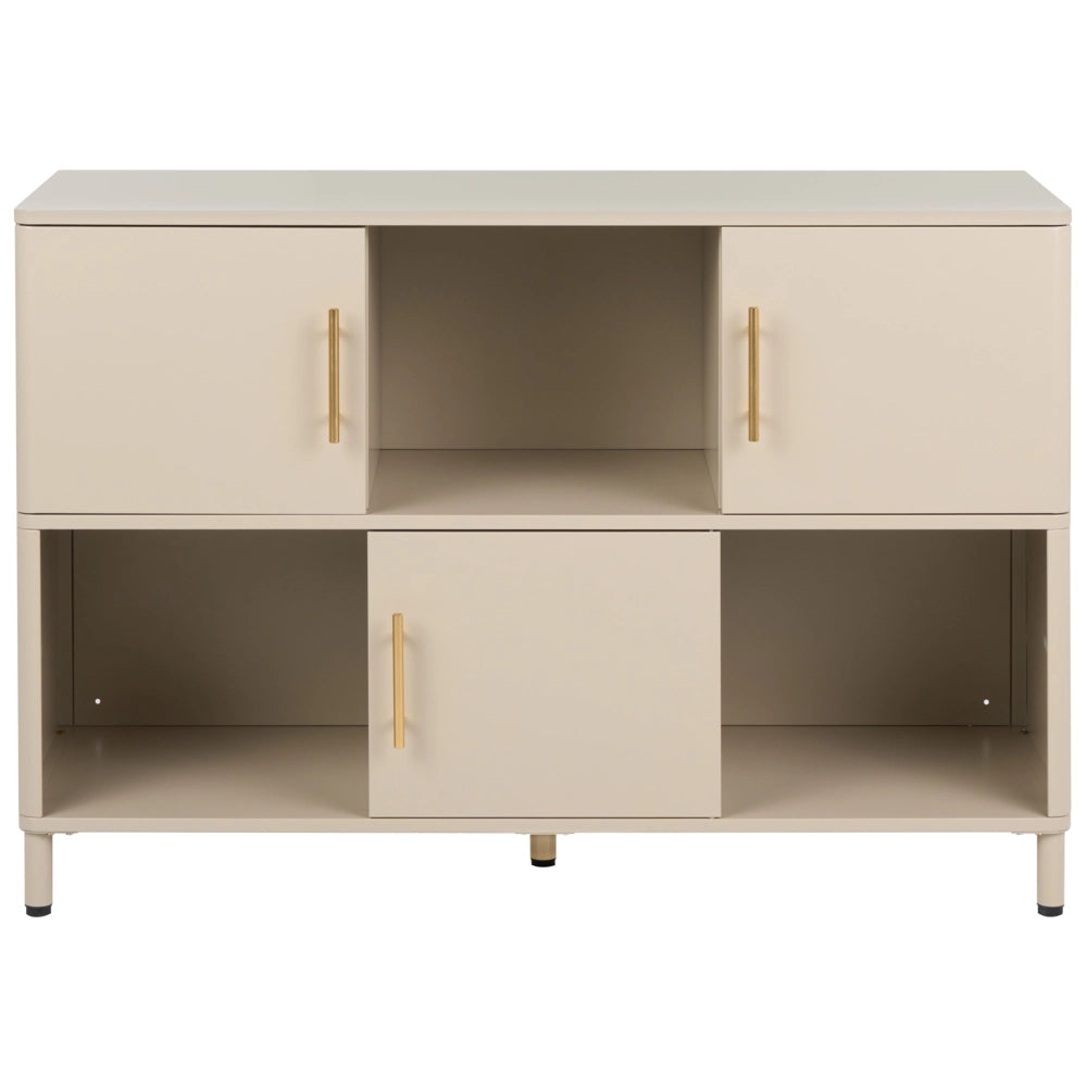 Credenza in acciaio color beige a 3 ante con ripiani aperti, angoli arrotondati e maniglie dorate