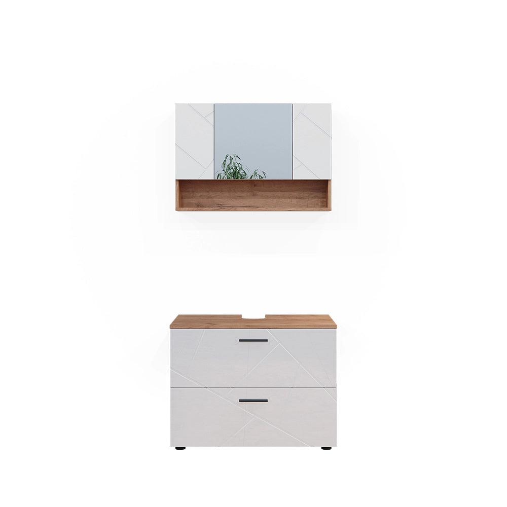 Vicco Set di mobili da bagno Bianco lucido/oro power oak 2 parti, mobile base 80 cm
