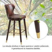 Set 2 Sgabelli da Bar Alti in Stile Industriale con Schienale e Poggiapiedi, Seduta in Finta pelle e Gambe in Legno, Sgabelli Vintage per Cucina e Ristorante, 52x53x101cm