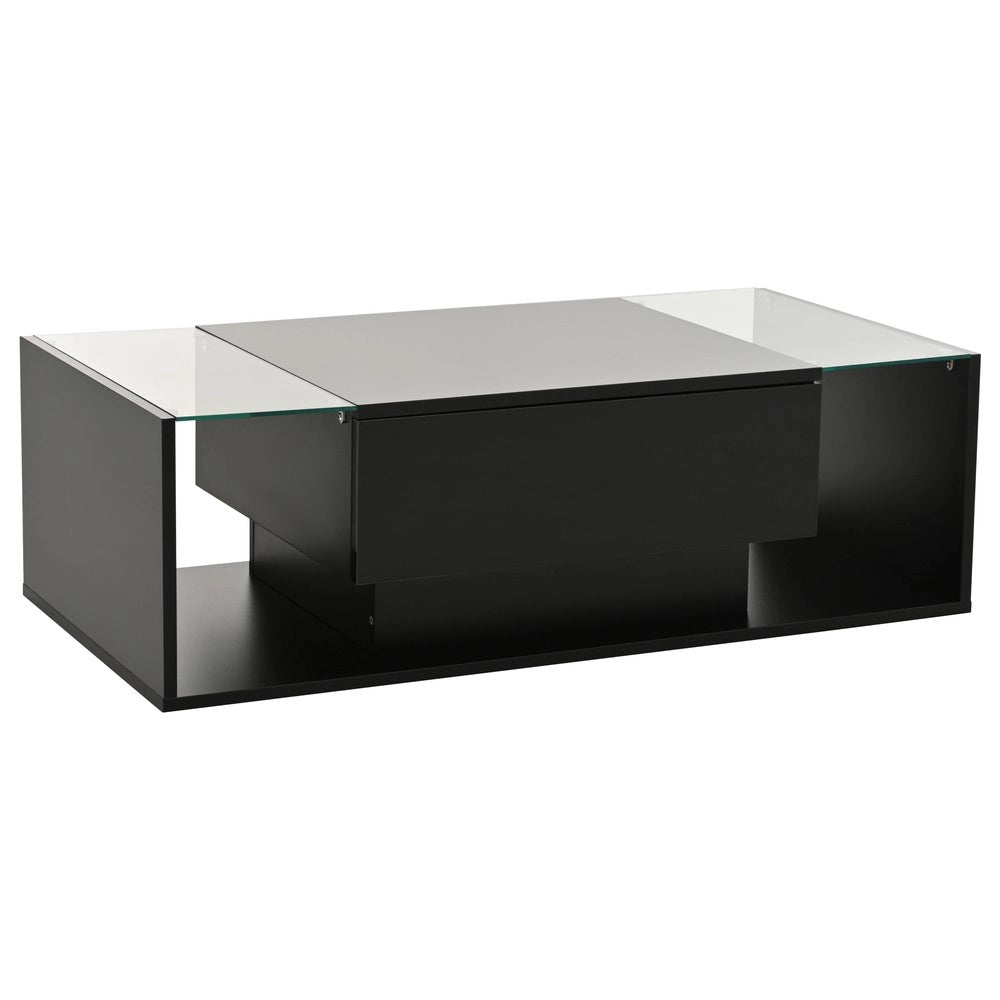 Tavolino da Caff¨¨ con LED e Cassetto ¨C MINIMAL ¨C Vetro Temperato Nero Lucido 100x50x31