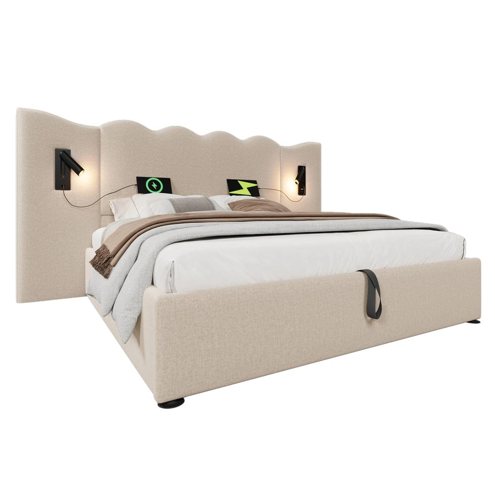 Letto Imbottito Contenitore Matrimoniale con LED e USB ¨C MINIMAL ¨C Beige, Tessuto, Legno Massello e Metallo, 160x200