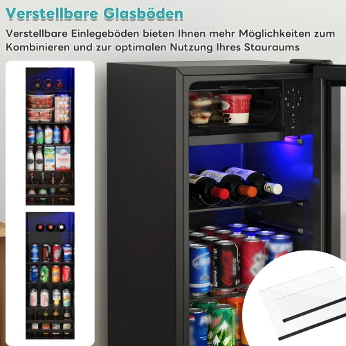 Mini frigorifero; congelatore; volume totale 128L; freezer 8L; frigorifero da 120L; basso rumore; sistema di raffreddamento del compressore; efficiente energeticamente; scaffali regolabili; nero