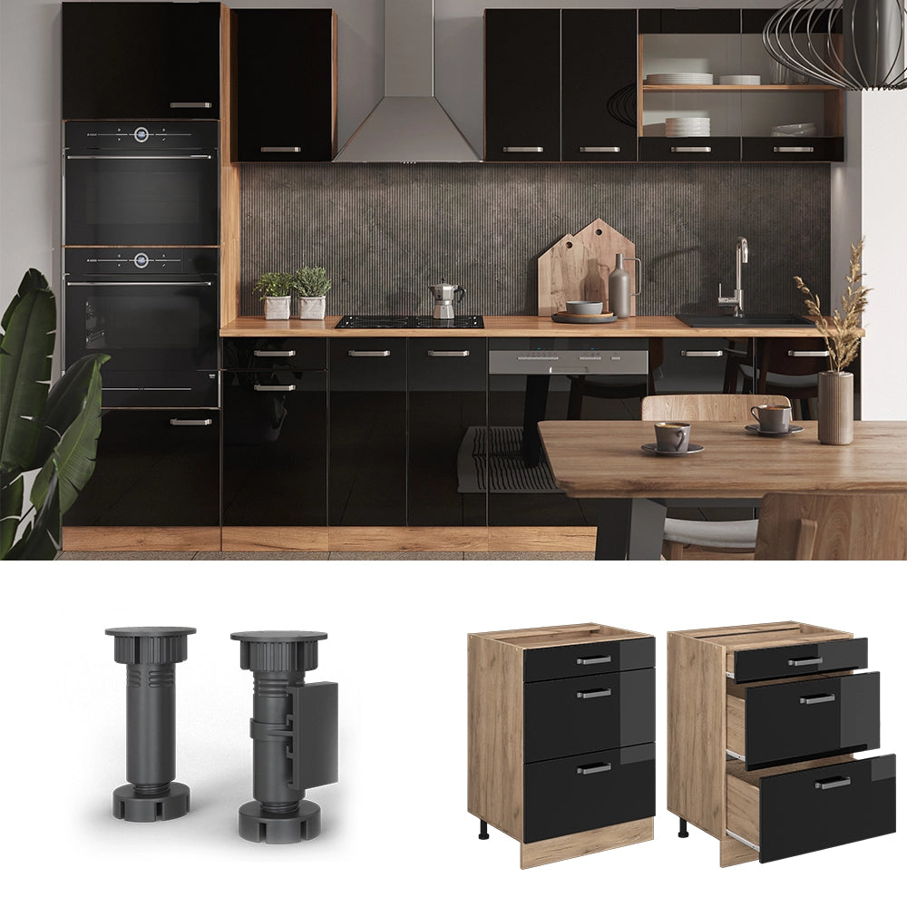 Vicco Mobiletto base per cucina Nero lucido 60 cm con cassetti, senza piano di lavoro