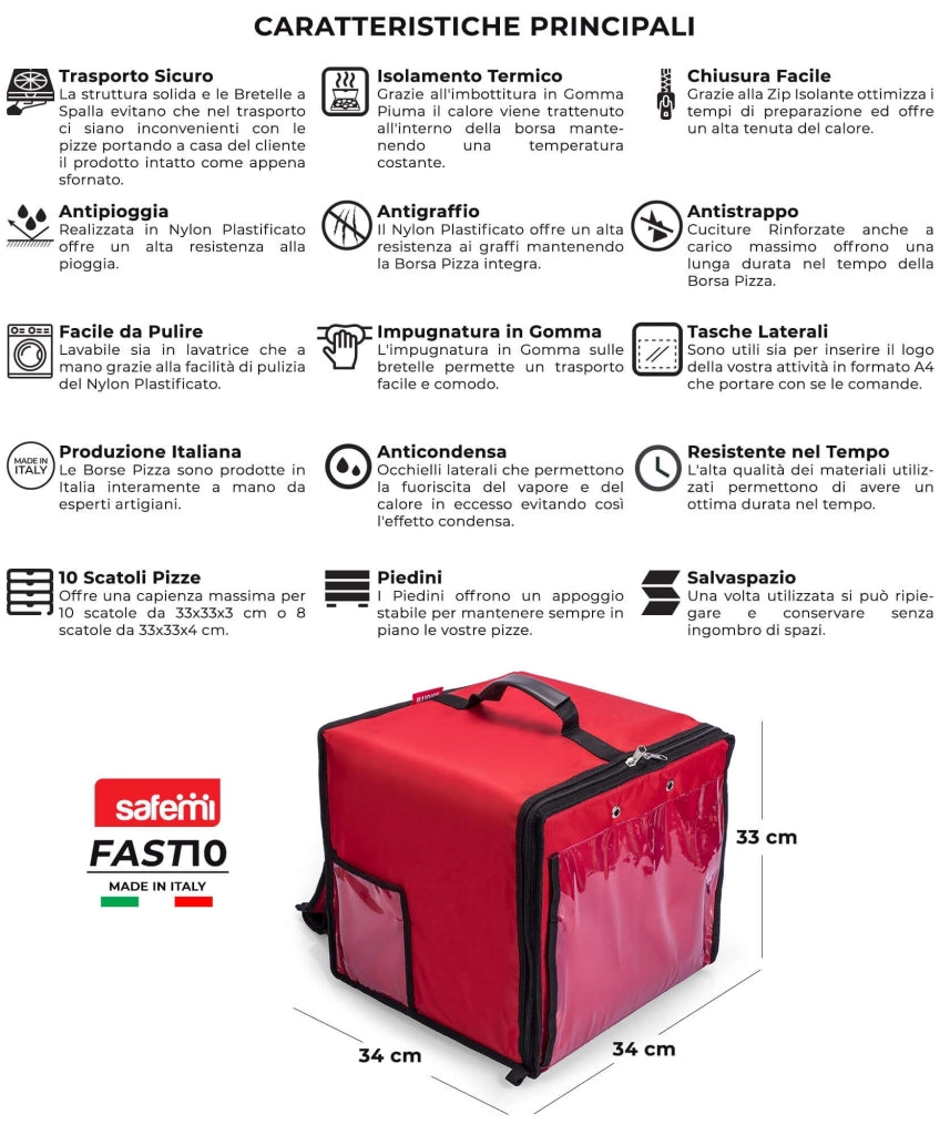 Zaino Borsa Termica Porta Pizze da Asporto 10 Cartoni Safemi Fast 10 Rosso