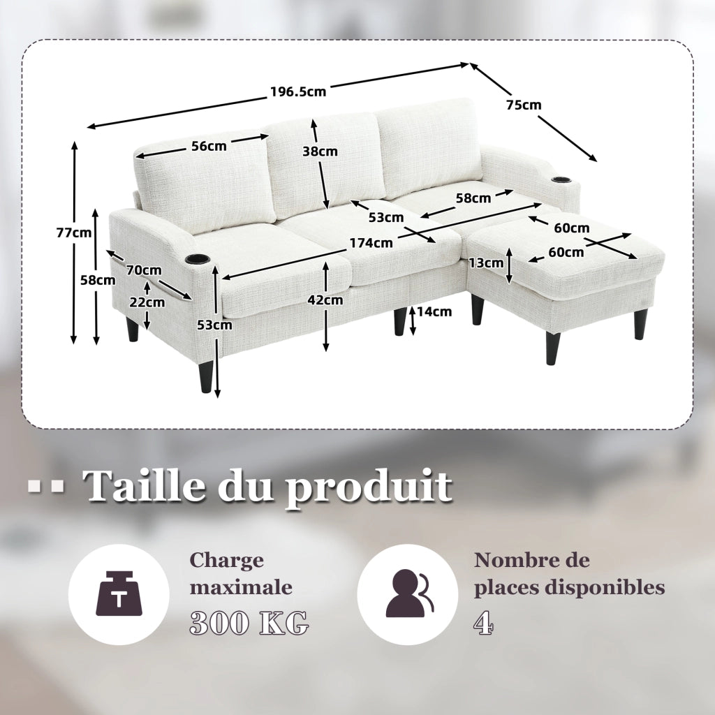 Divano 4 Posti con Pouf Contenitore; Portabicchieri e Tasche Laterali; in Ciniglia Beige; 196;5 × 75 × 77 cm