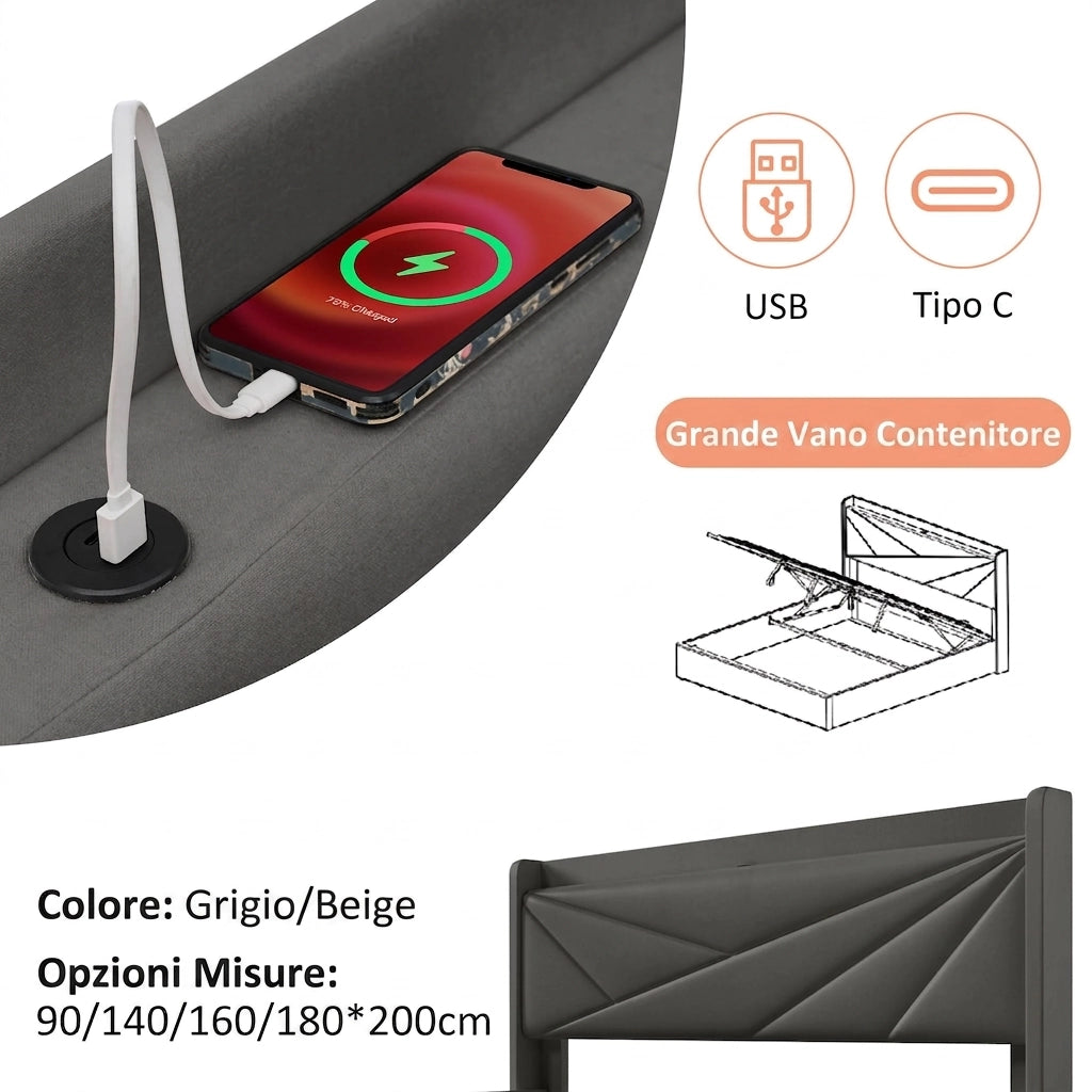 Letto singolo 90x200 con contenitore; Materasso Incluso e Testiera USB; in Tessuto di Lino