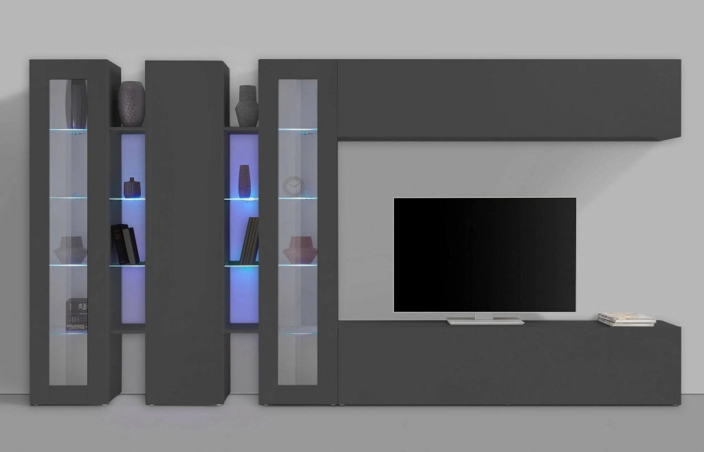 Parete attrezzata Atta, Set salotto porta TV a 5 ante, Mobile soggiorno multiuso, 100% Made in Italy, cm 340x30h180, Antracite