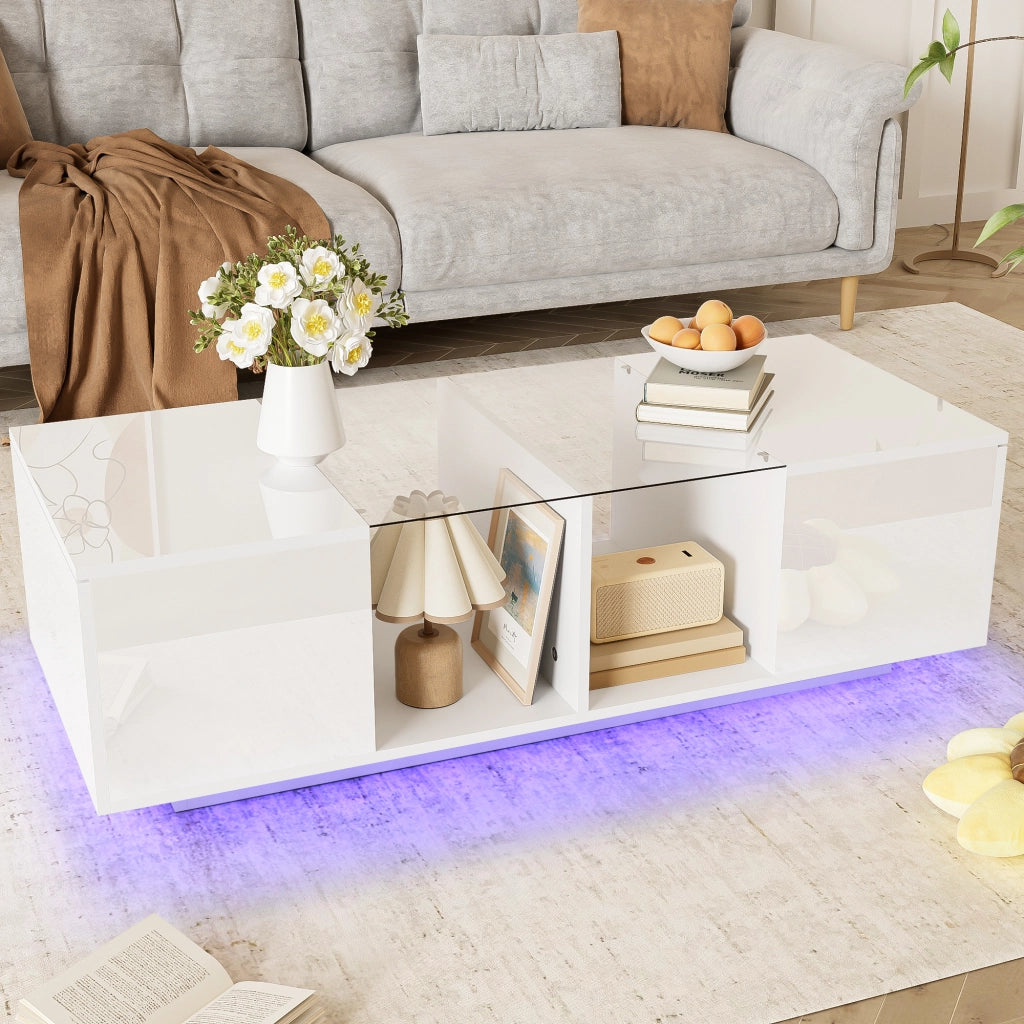 Tavolino da Salotto con 2 Ante e LED Bluetooth 16 Colori; Piano in Vetro; Bianco Lucido; in MDF e Truciolare; 120×50×38;5 cm