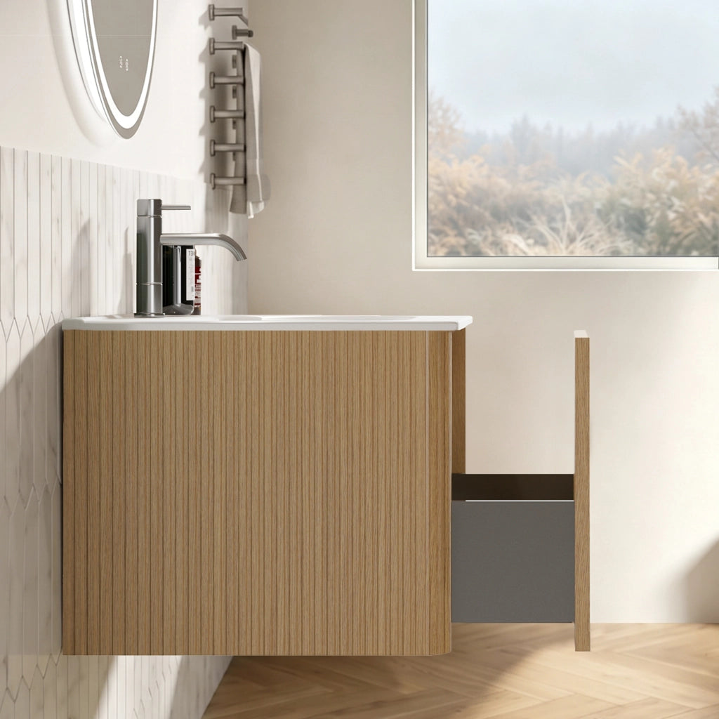 Mobile da bagno con lavabo integrato e specchio LED - per bagno - in MDF - 60 cm - rovere