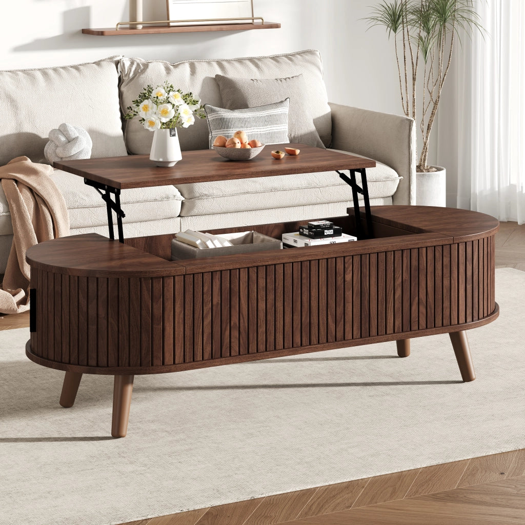 Tavolino da salotto elevabile con vano contenitore e 4 ripiani; in MDF; stile noce; per soggiorno; 120×50×39.5 cm