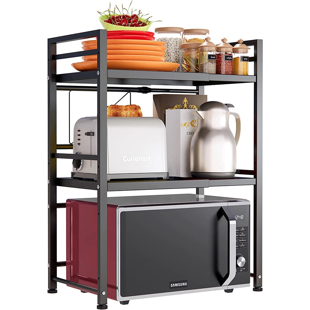 Scaffale Porta Microonde Allungabile 2 Ripiani Mensola da Cucina in Metallo Nero