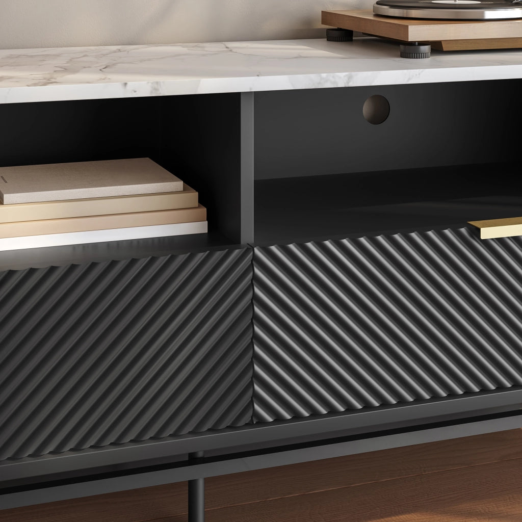 Mobile Porta TV Olvehok con Cassetti e Scomparti Aperti 140x40x55cm Nero / Effetto Marmo Bianco [en.casa]