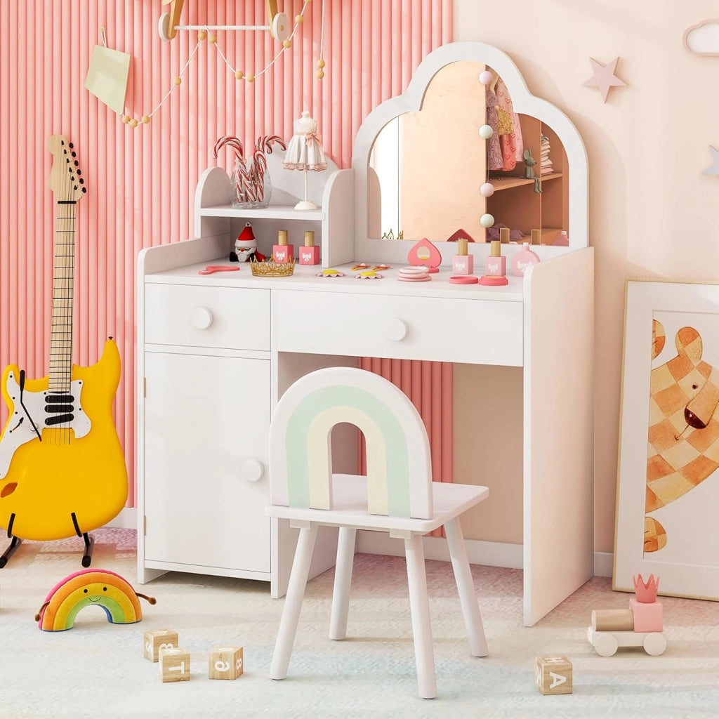 Set Toeletta Trucco per Bambina con Sedia, Tavolo Trucco Specchio a Nuvola Staccabile, Postazione Trucco con Ante e 2 Cassetti, per Bambine 3-7 Anni, Bianco